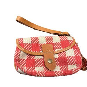 DOONEY & BOURKE Canvas Plaid Checkered Flap Leather Wallet Wristlet Burnt Orange